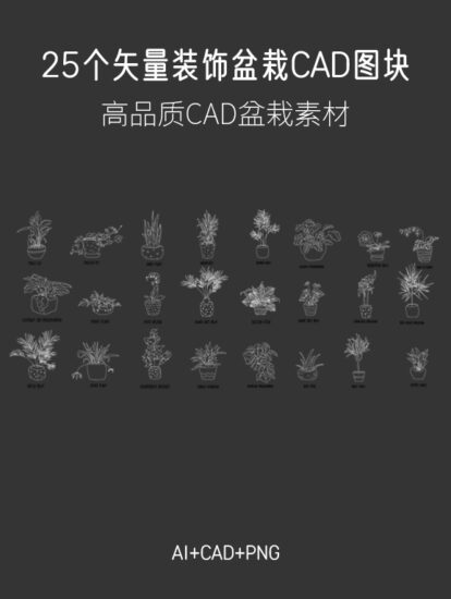 25個矢量裝飾盆栽CAD圖塊合集，AI+CAD+PNG